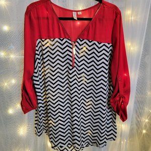 TACERA Red Chevron 1/4 Zip Roll Tab Sleeve Thin Blouse - Size Large